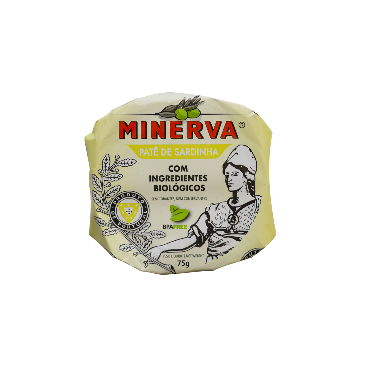 Minerva sardine pate packaging with branding and product details on a white background