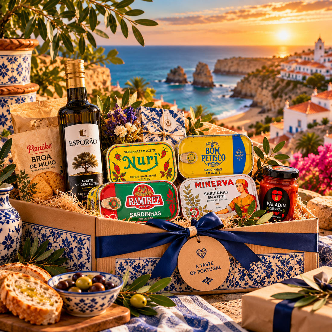 Portuguese Christmas gourmet gifts featuring sardines and olive oil