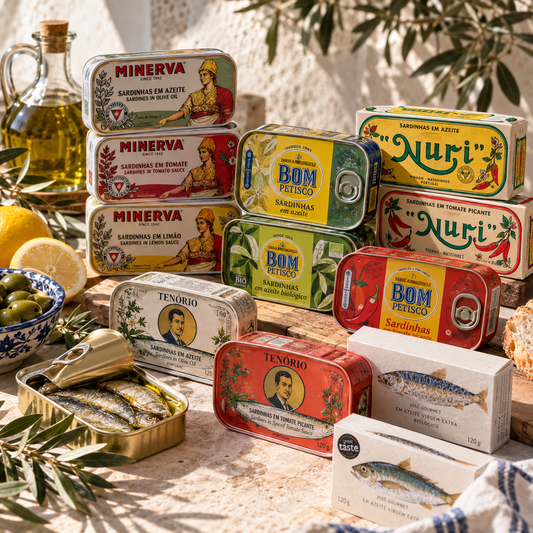 Selection of Portuguese canned sardines and seafood from Minerva, Bom Petisco, NURI and José Gourmet