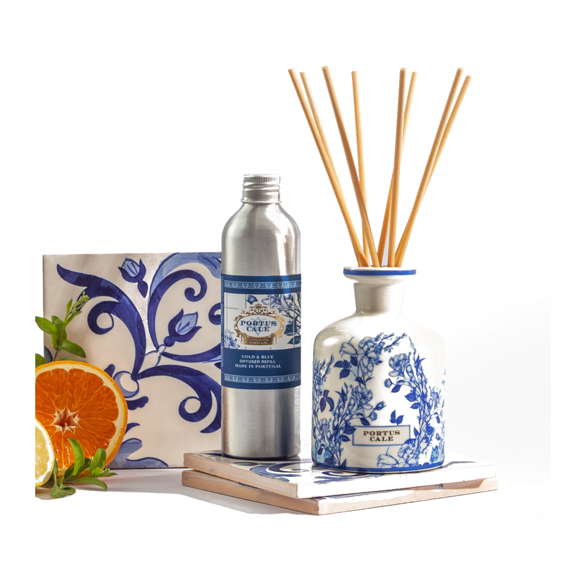 Portus Cale Gold & Blue Diffuser Refill 250ml with matching diffuser – official styled view