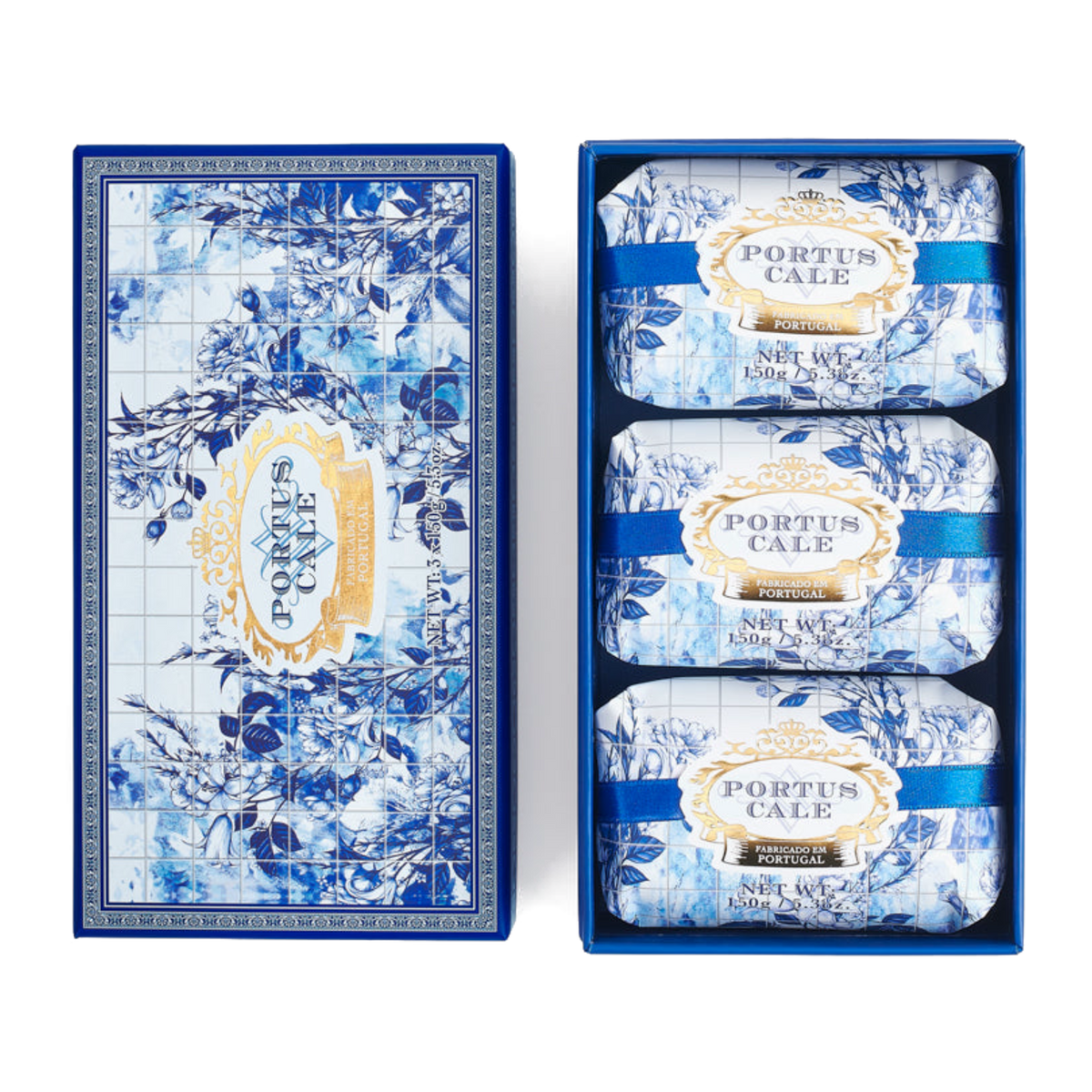 Portus Cale Gold & Blue soap set, three 150g wrapped soaps in a blue gift box