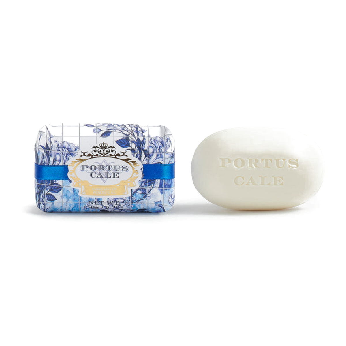 Portus Cale Gold & Blue soaps unwrapped beside the reusable gift box, three 150g bars