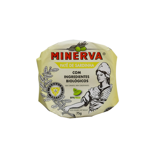 Minerva sardine pate packaging with branding and product details on a white background