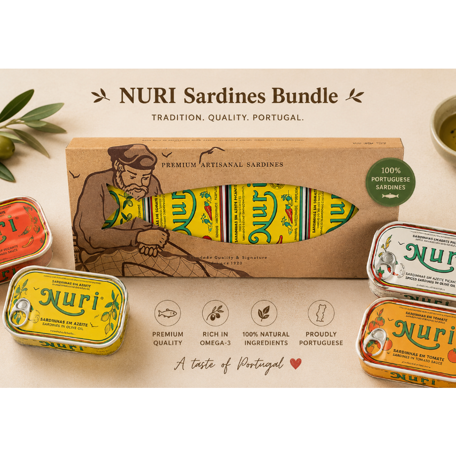 Nuri Sardines Bundle featuring five different colored tins of sardines arranged around a central kraft paper box with an illustration of a fisherman. The background is a warm beige with decorative olive branches, a bowl of olive oil, and bread slices.