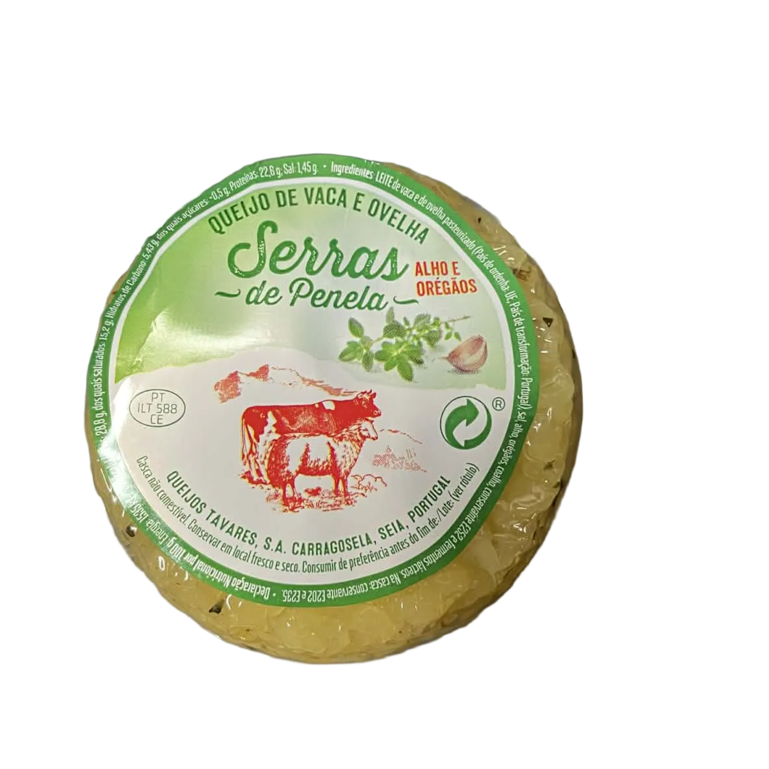 Round cheese with green label on a white background