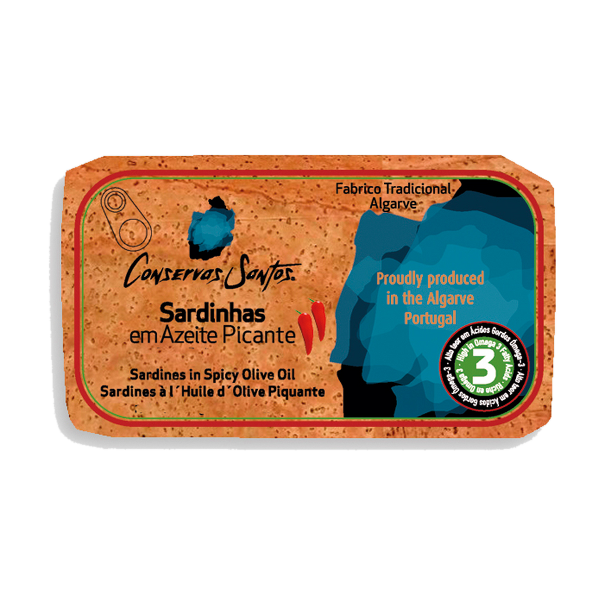 Campo Santos spicy sardines in olive oil with cork label, 120g tin
