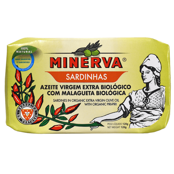 Minerva BIO sardines in organic extra virgin olive oil with organic piri-piri, official 120g packshot