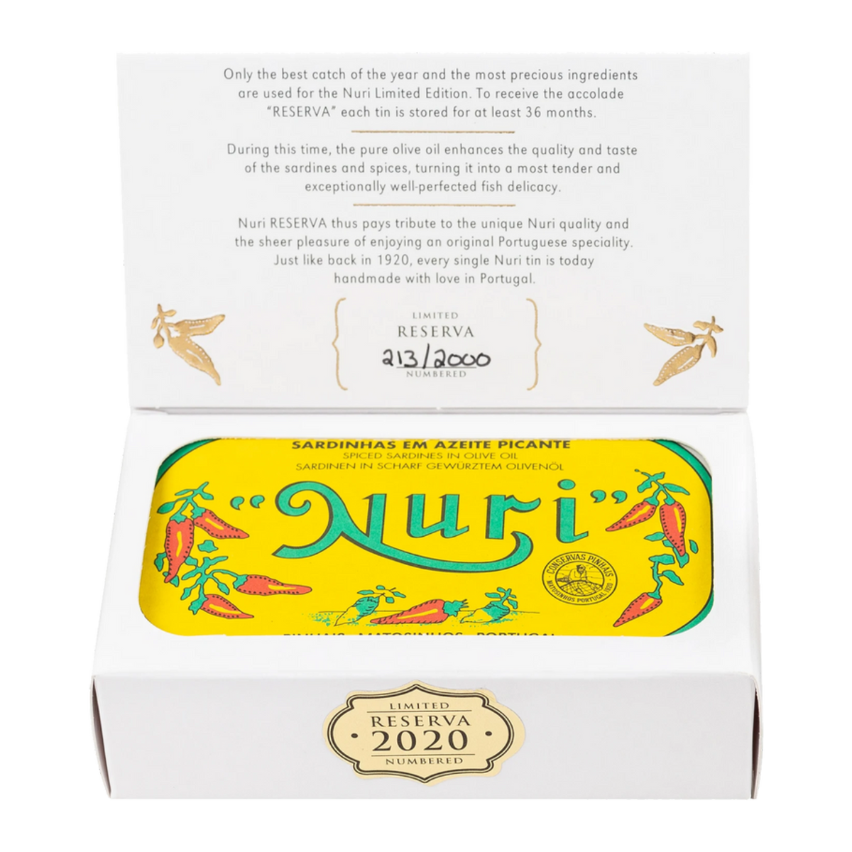 NURI Reserva 2020 limited edition spiced Portuguese sardines — original collectible tin and gift packaging