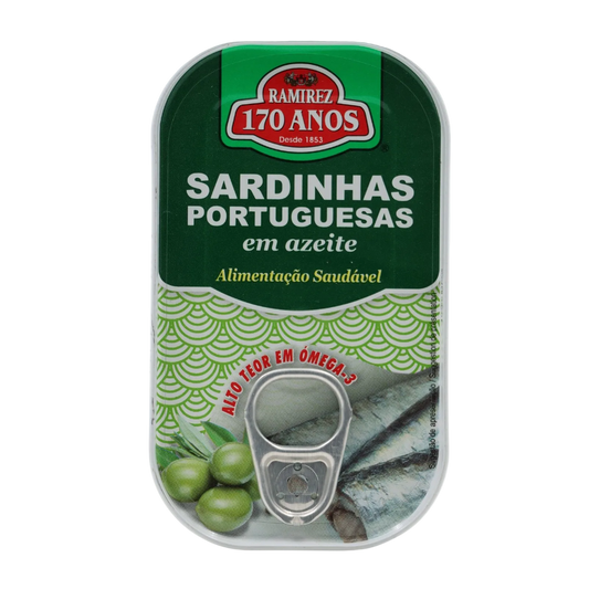 Can of Ramirez Sardinha Portuguesas with green label and olive design on a white background